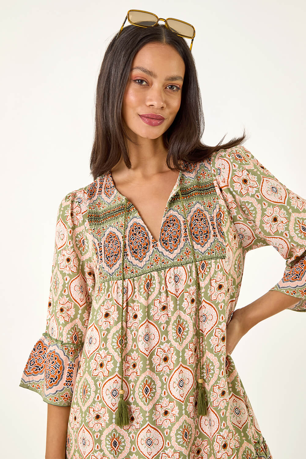 KHAKI Dusk Mix Print Smock Midi Dress, Image 5 of 7