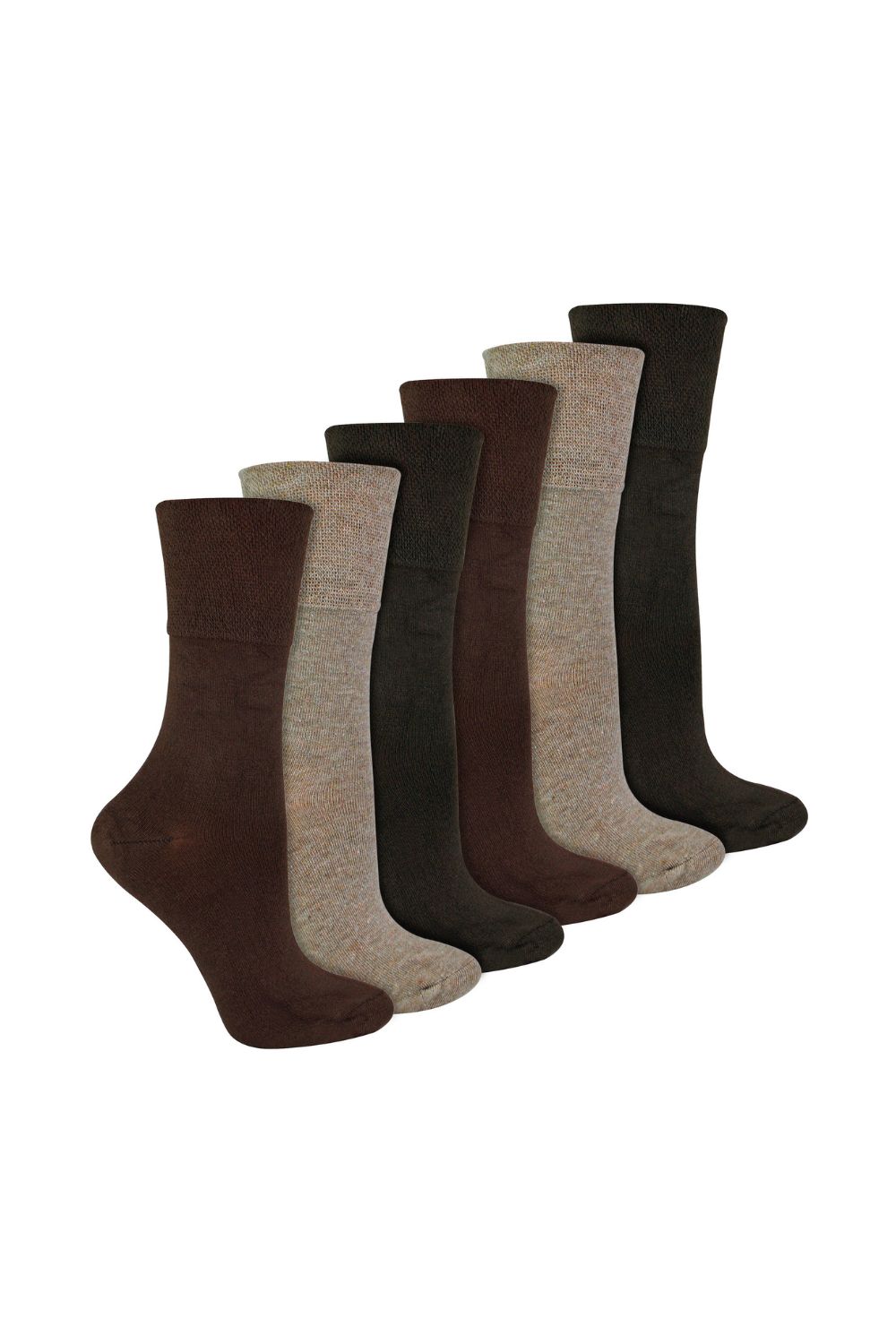 Brown 6 Pack Ladies Non Elastic Bamboo Diabetic Socks, Image 1 of 5