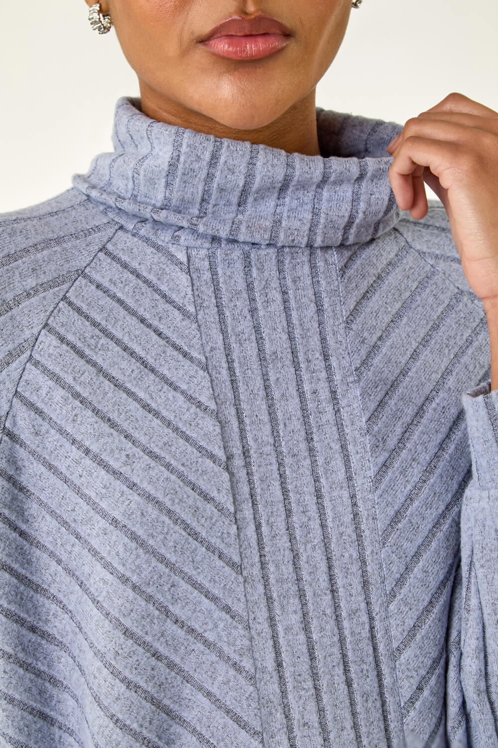 Light Blue Textured Stripe Cowl Neck Top, Image 6 of 5