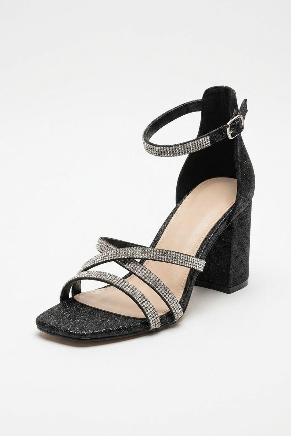 Black Saoirse Glitter Block Heel Strappy Sandals, Image 2 of 5