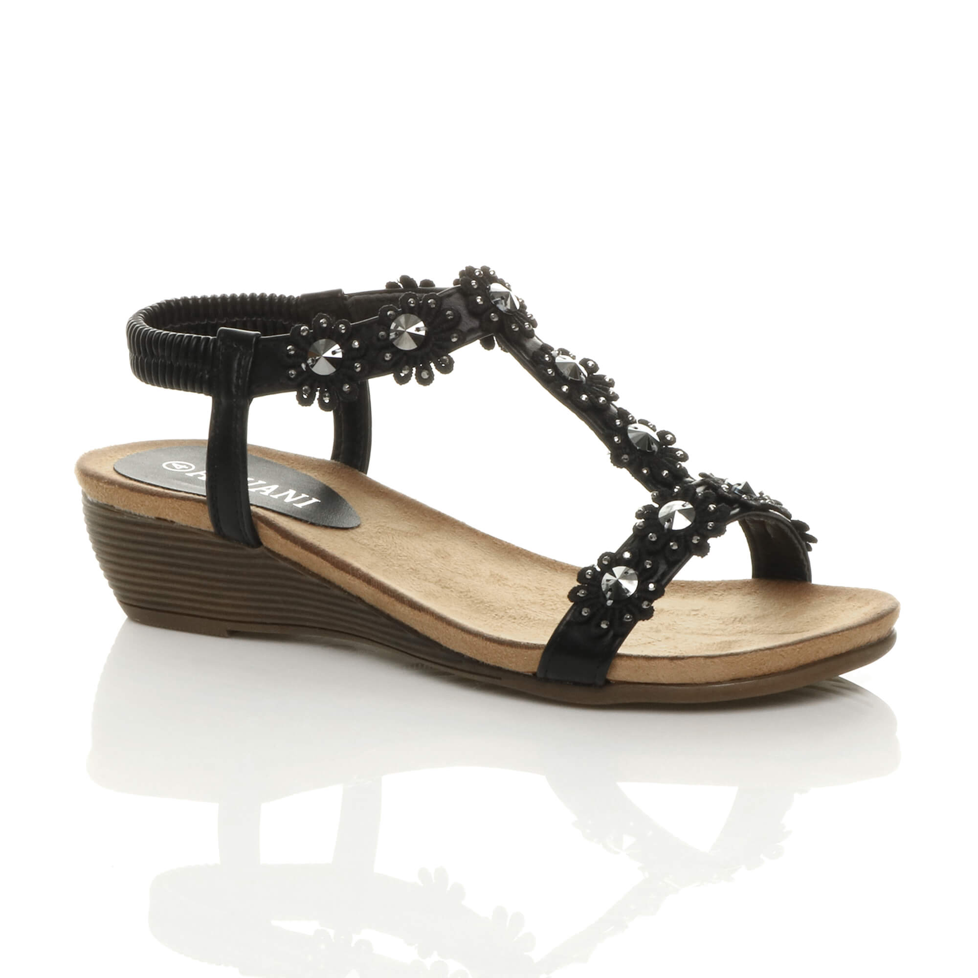 Black Low Wedge Heel Strappy T-Bar Flower Slingback Sandals