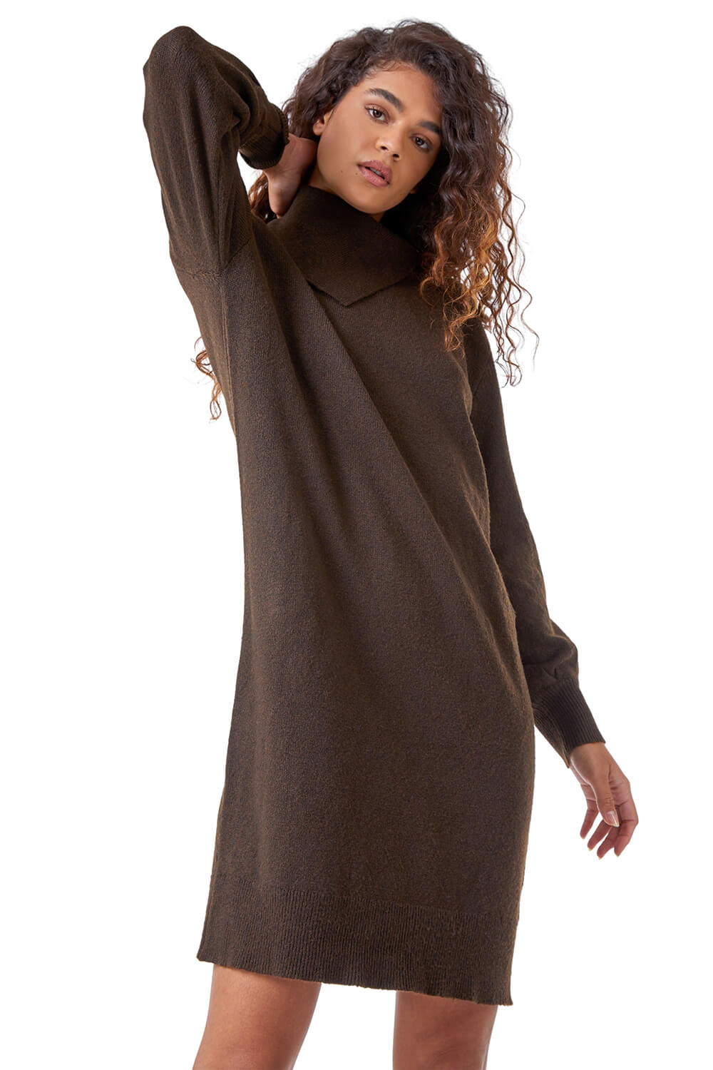 Chocolate Split Neck Ribbed Knit Dress, Image 3 of 5