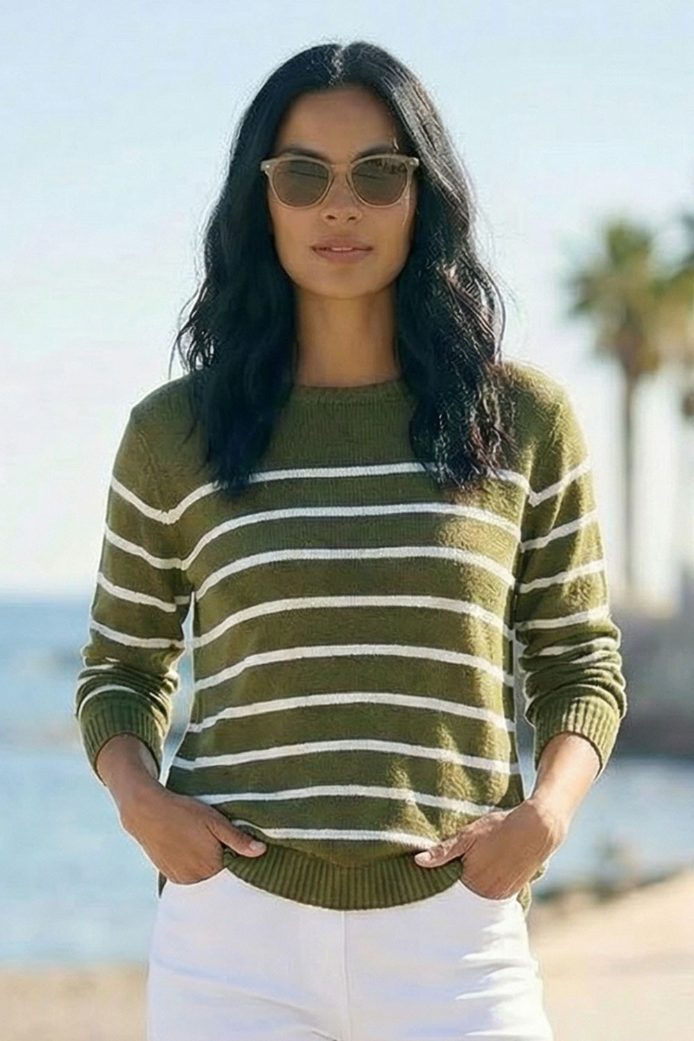 Khaki Slash Neck Stripe Knit Jumper, Image 4 of 3