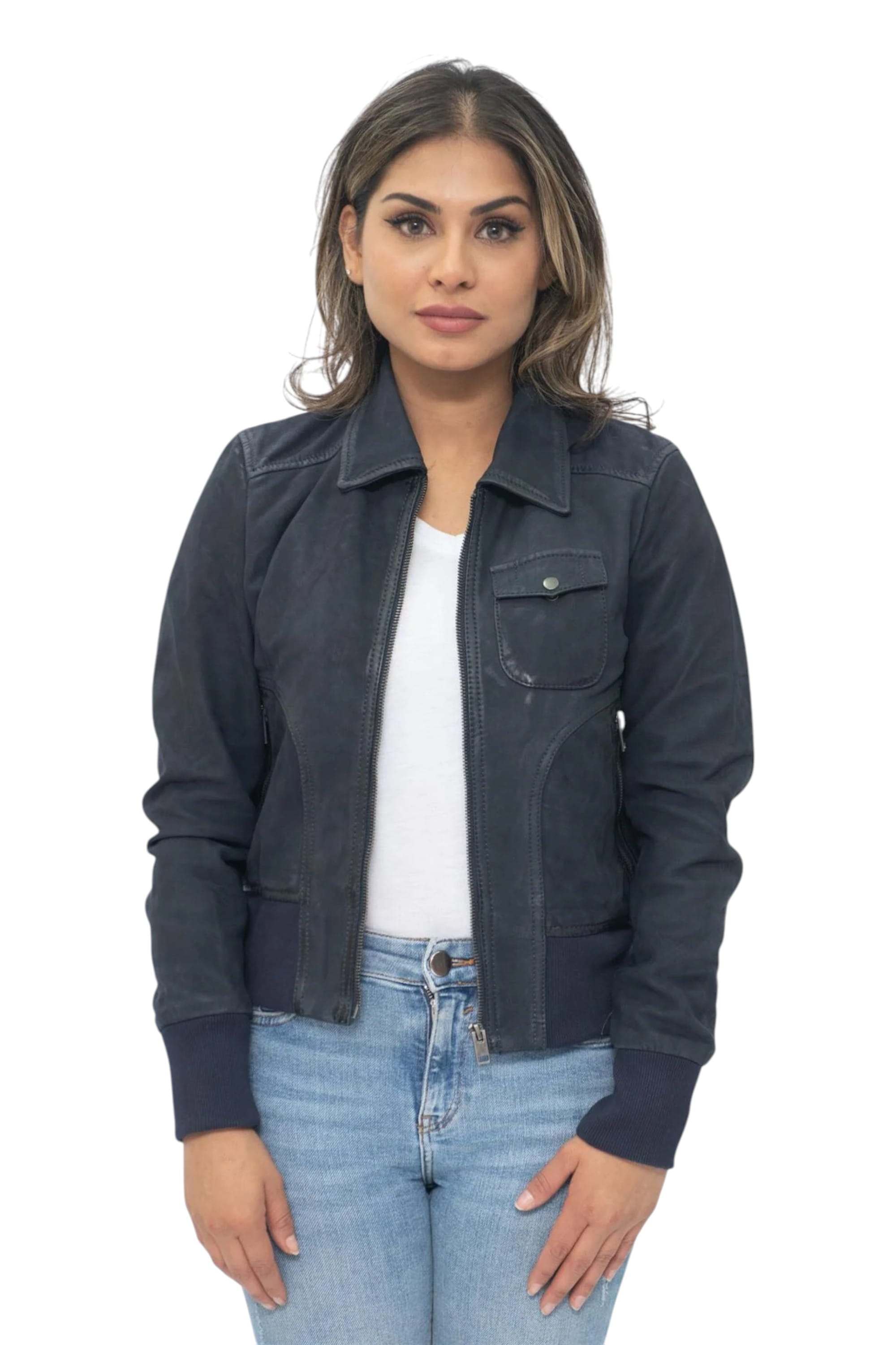 Navy Womens Leather MA-1 Varsity Jacket - Ann, Image 1 of 5