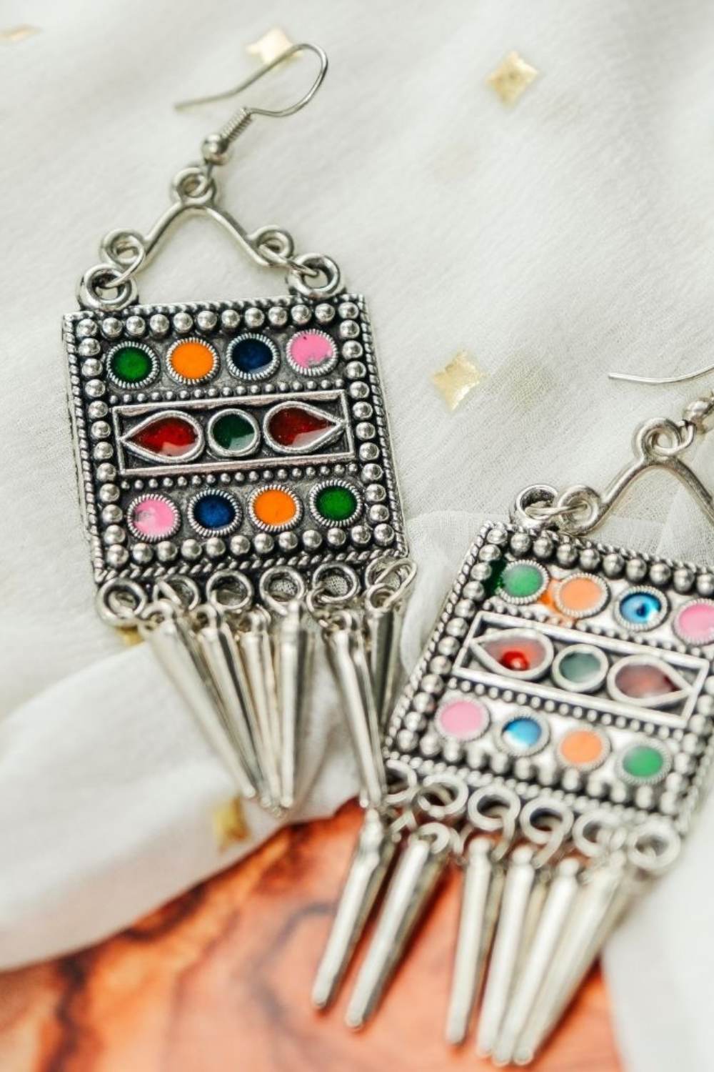 Maroon Oxidised Colourful Enamel Square Indian Boho Drop Earrings, Image 1 of 3