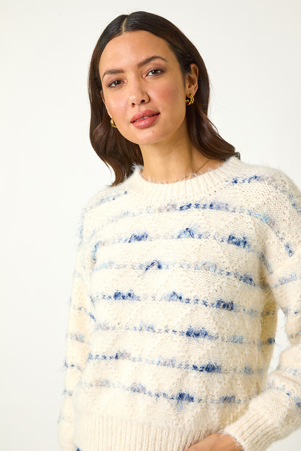 Ivory  Stripe Fluffy Knit Jumper, Image 5 of 5