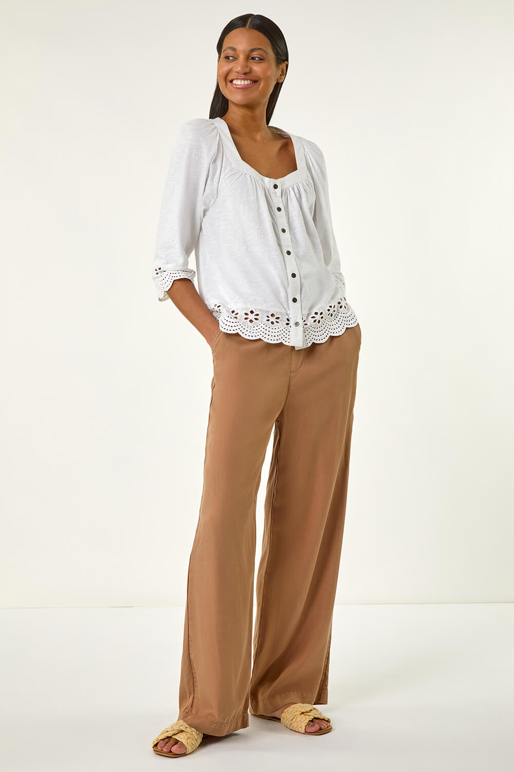 Ivory  Cotton Broderie Hem Blouse, Image 3 of 5