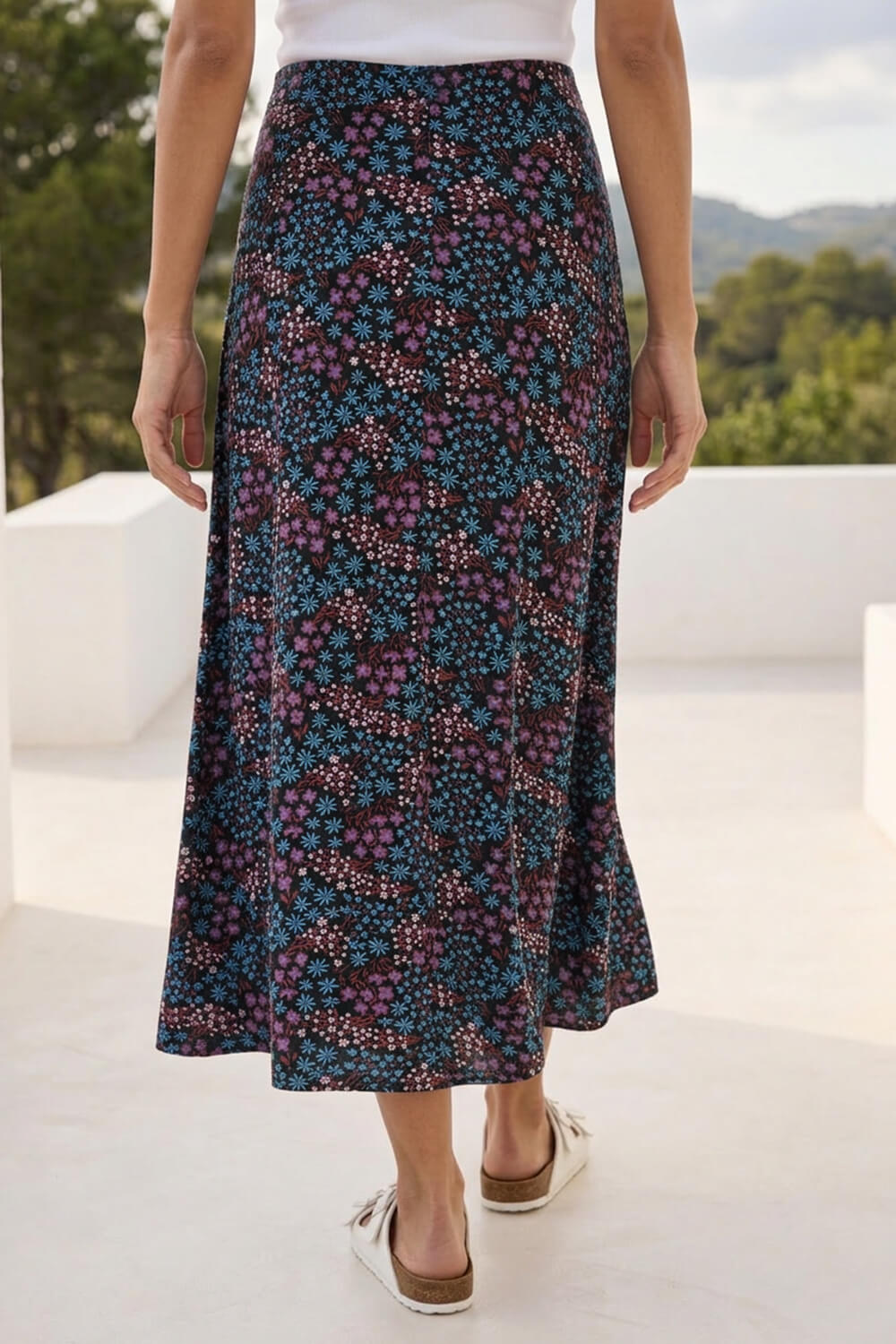 Purple Ditsy Floral Print Midi Skirt, Image 4 of 4