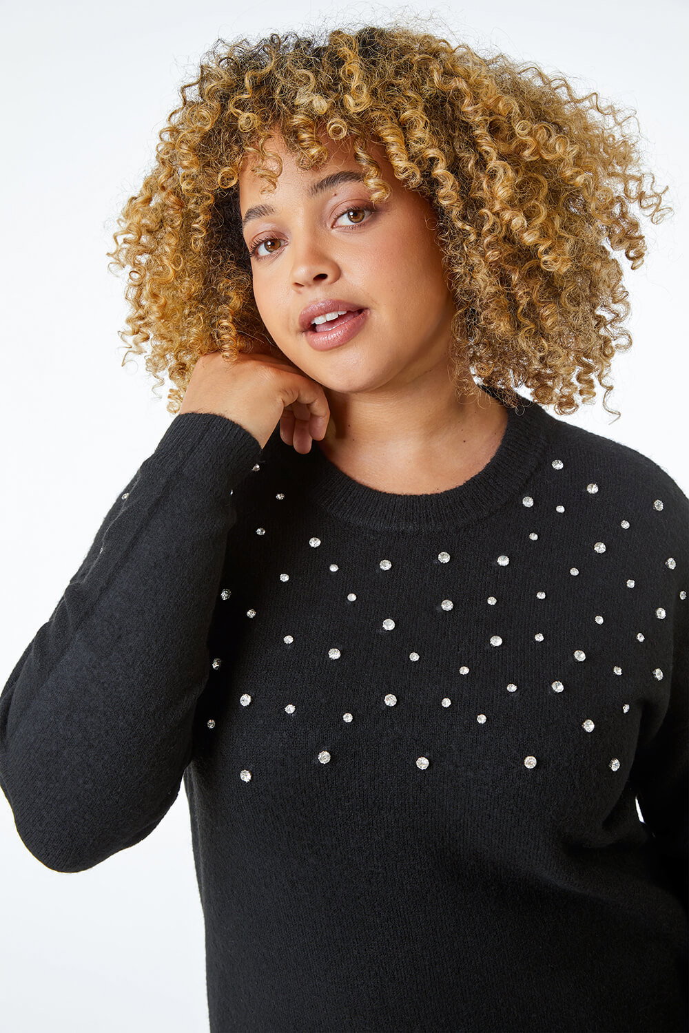 Black Curve Diamante Embellished Jumper, Image 1 of 5