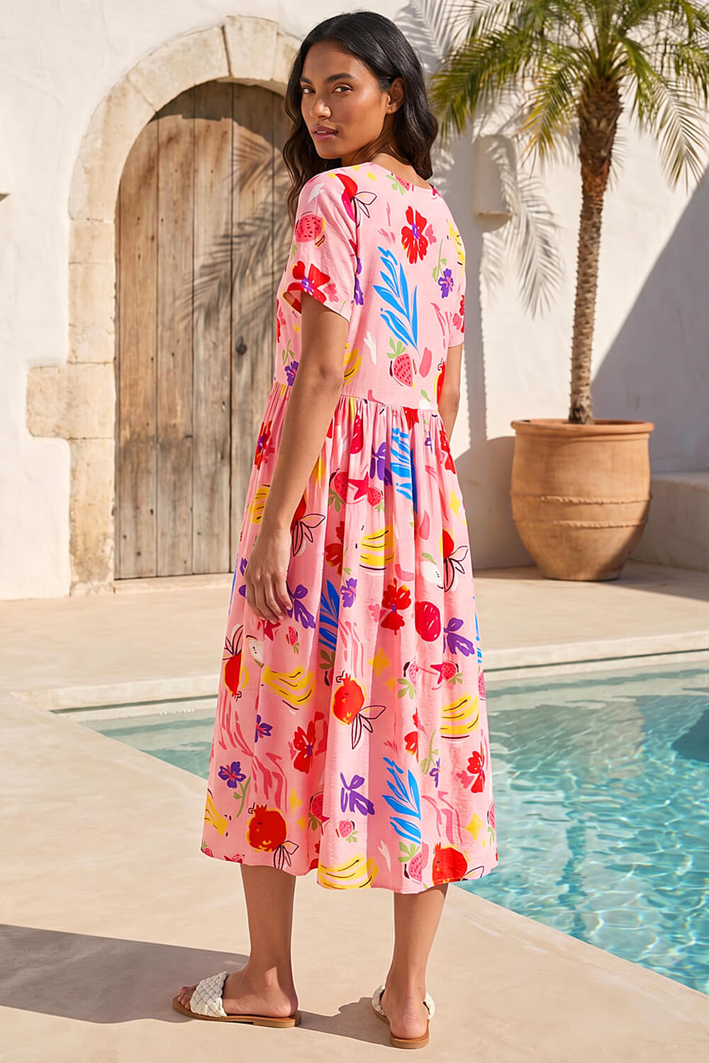 PINK Fruit Print Pocket Midi Dress, Image 4 of 4