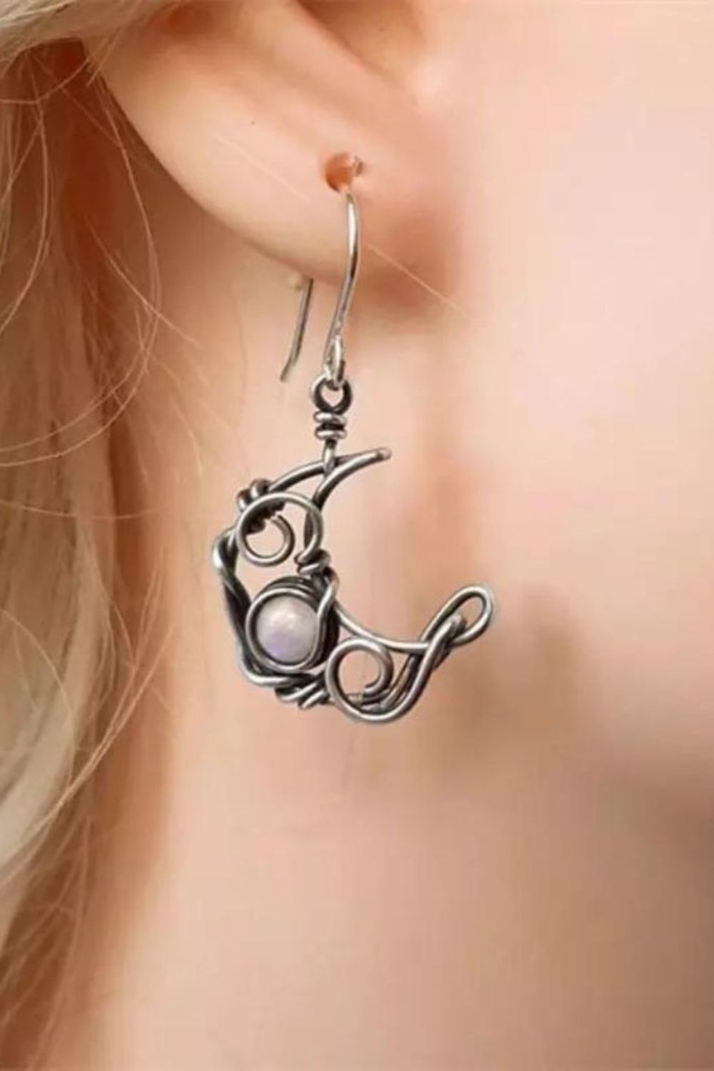 Silver The Colourful Aura Silver Sun and Half Moon Moonstone Wire-Wrapped Boho Dangle Hook Earrings, Image 3 of 4