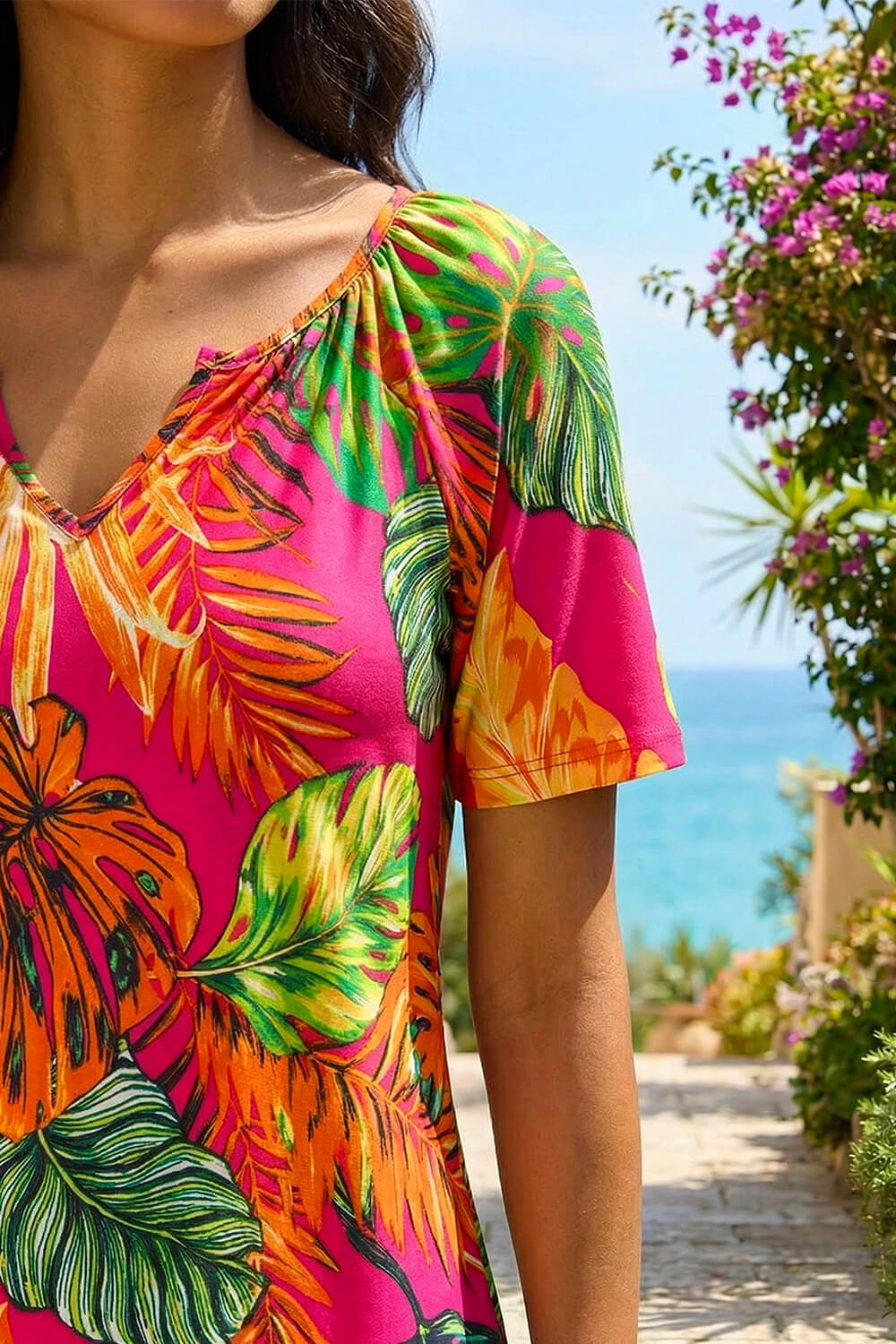Fuchsia Tropical Print Notch Neck Stretch Top, Image 5 of 4