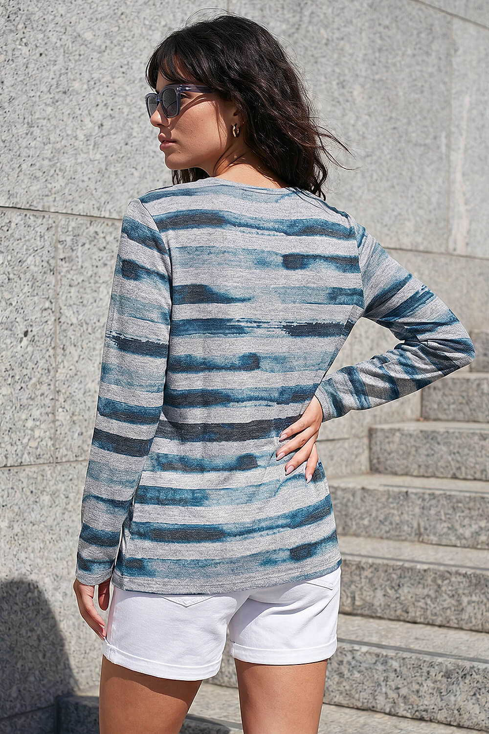 Blue Floral Stripe Print Top, Image 4 of 4