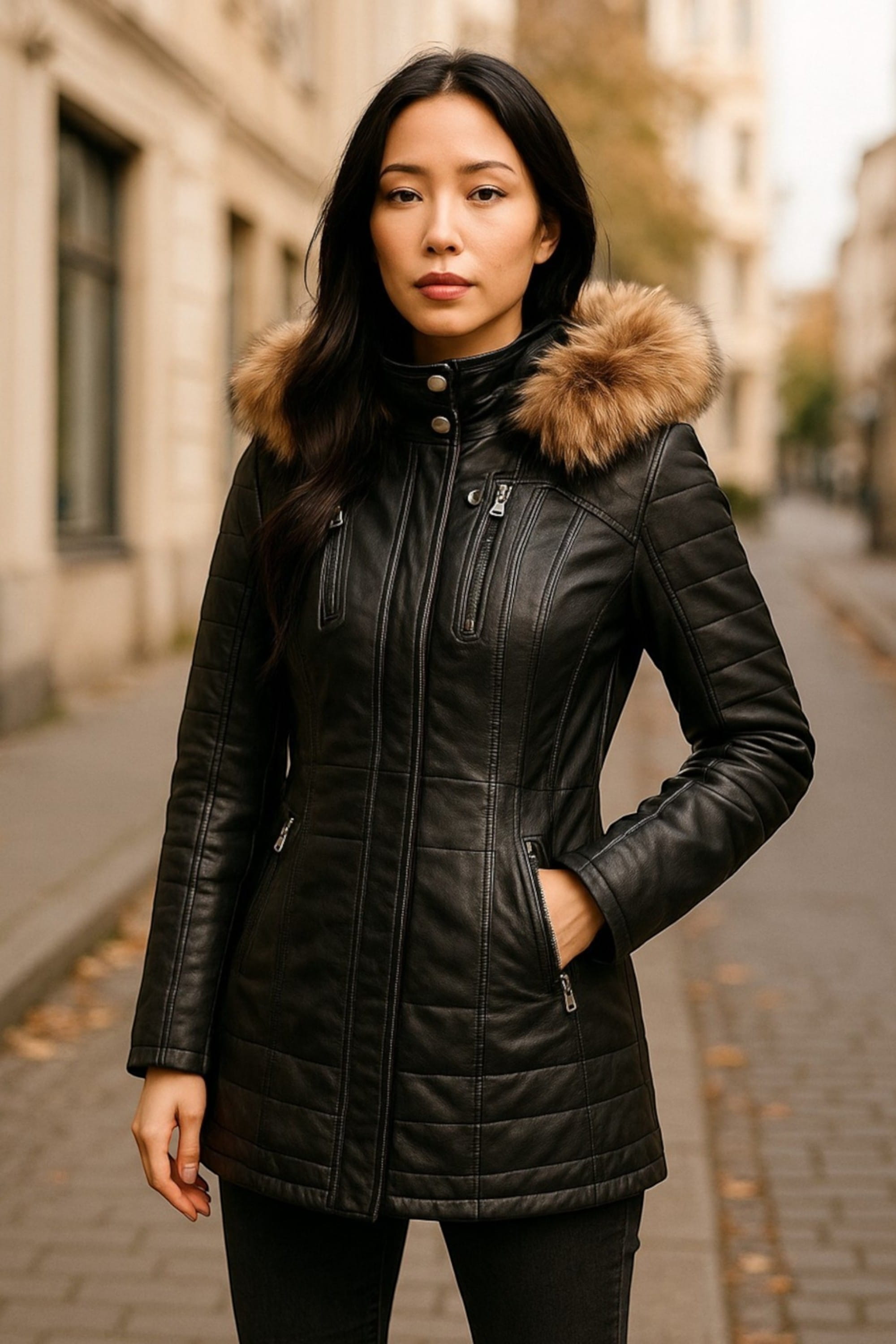 Charcoal Quilted Leather Parka Jacket-Winton, Image 1 of 5