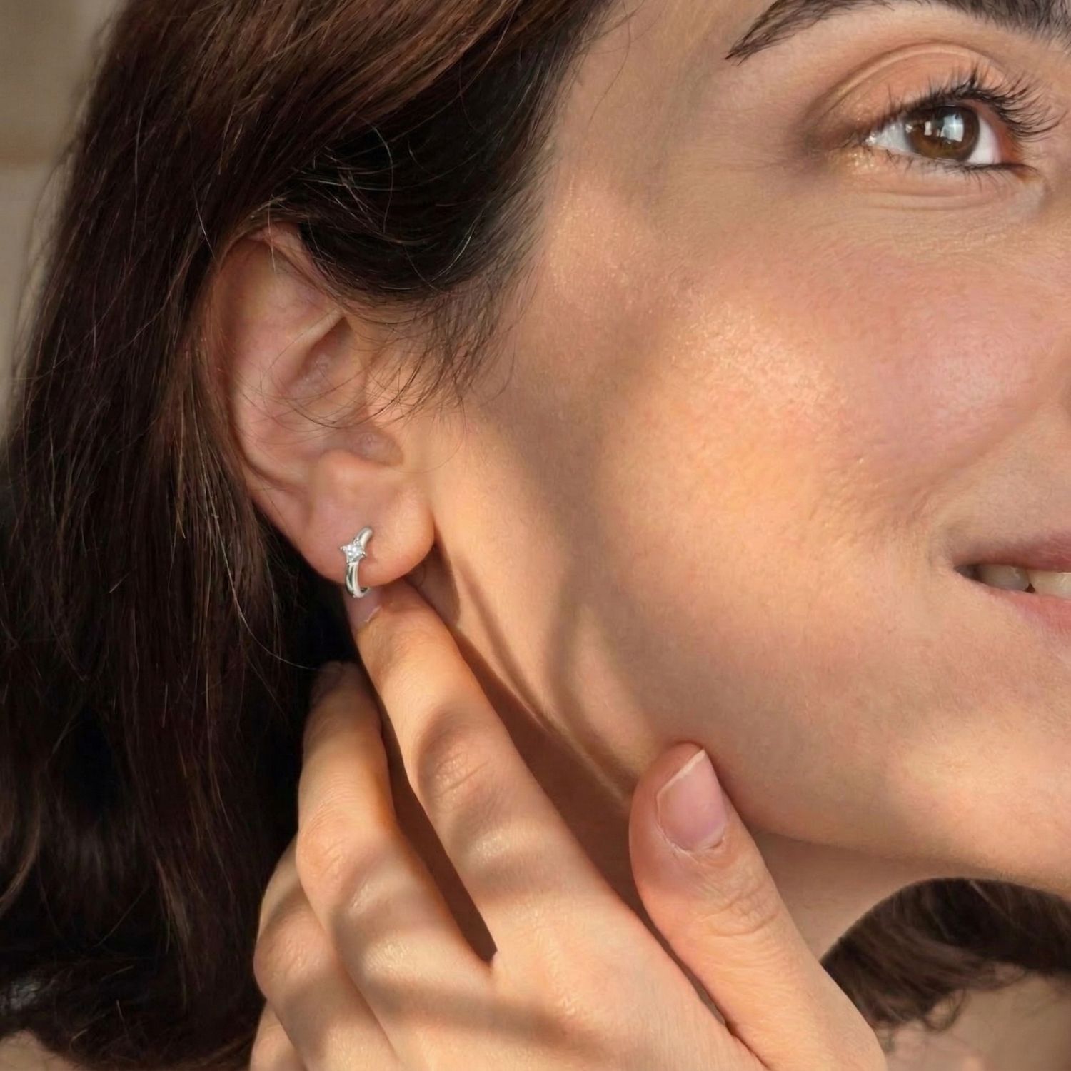 Silver Small Diamond Huggie Minimalist Silver Hoop Earrings, Image 3 of 4