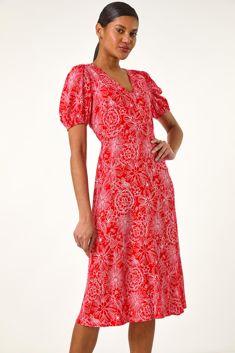 Red Floral Midi Tea Dress, Image 1 of 5