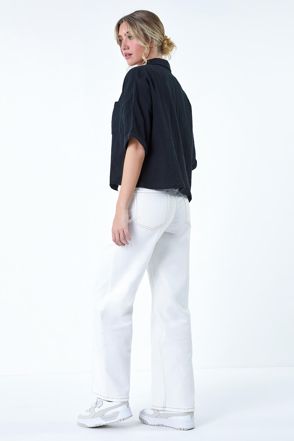 Black Cotton Relaxed Button Shirt, Image 4 of 5