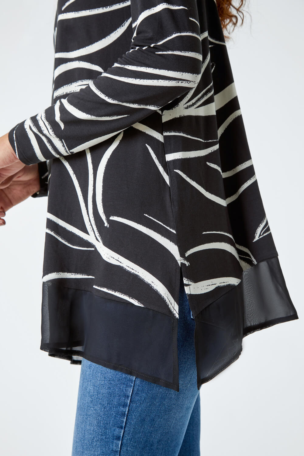 Black Leaf Print Chiffon Hem Stretch Top , Image 6 of 5