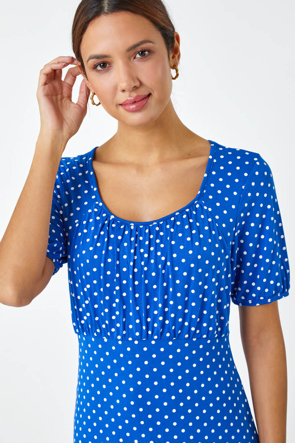 Royal Blue Polka Dot Print Stretch Dress, Image 5 of 5