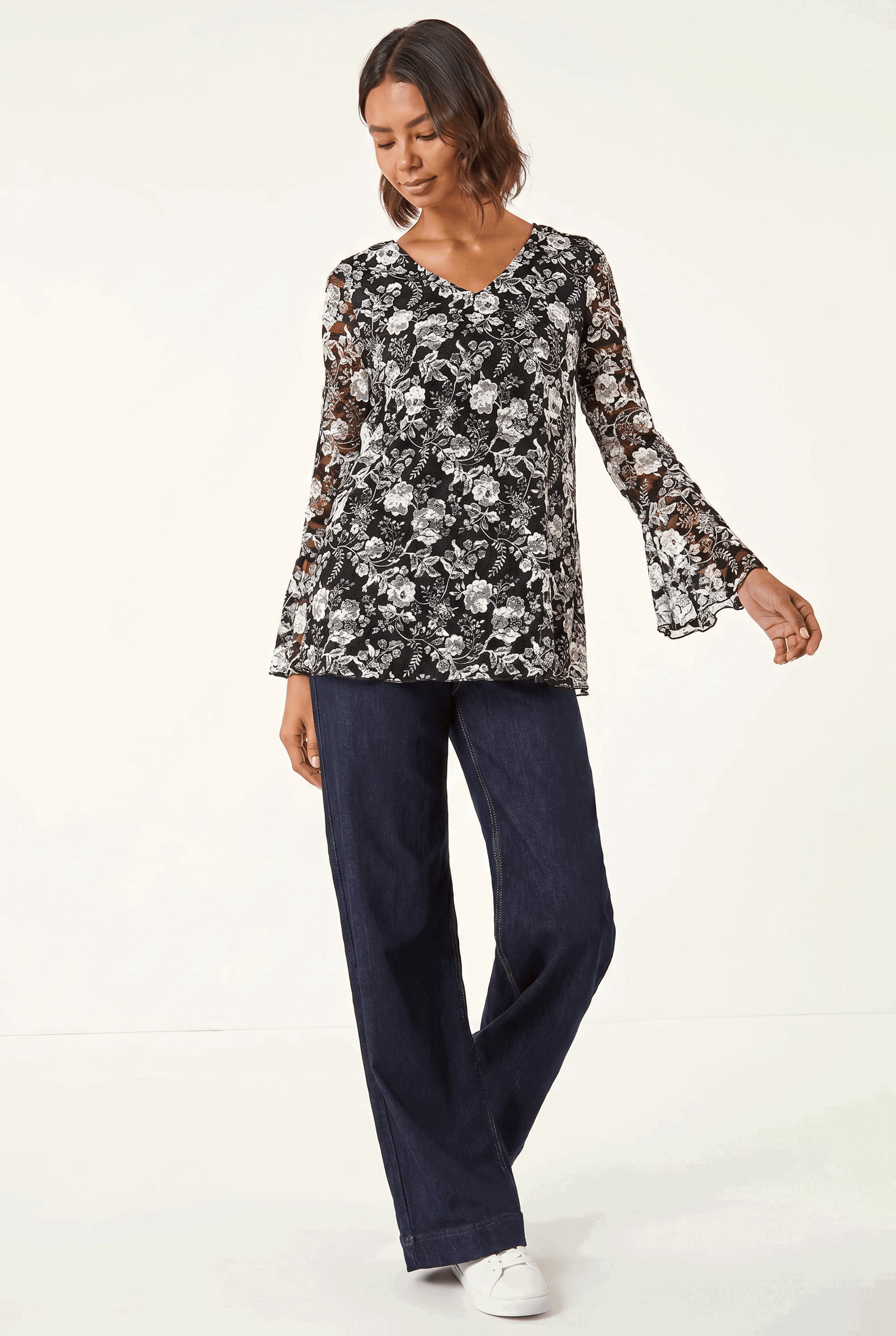 Black Floral Print V-Neck Stretch Lace Top, Image 1 of 6