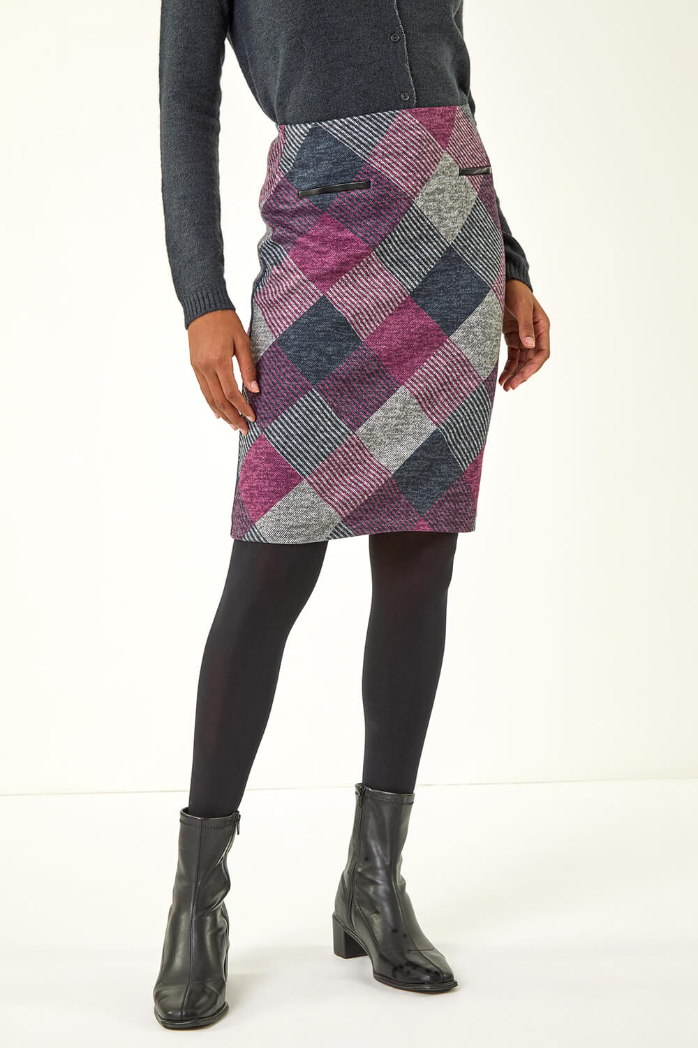 Pink Elastic Waist Check Print Pocket A Line Skirt, Image 5 of 5