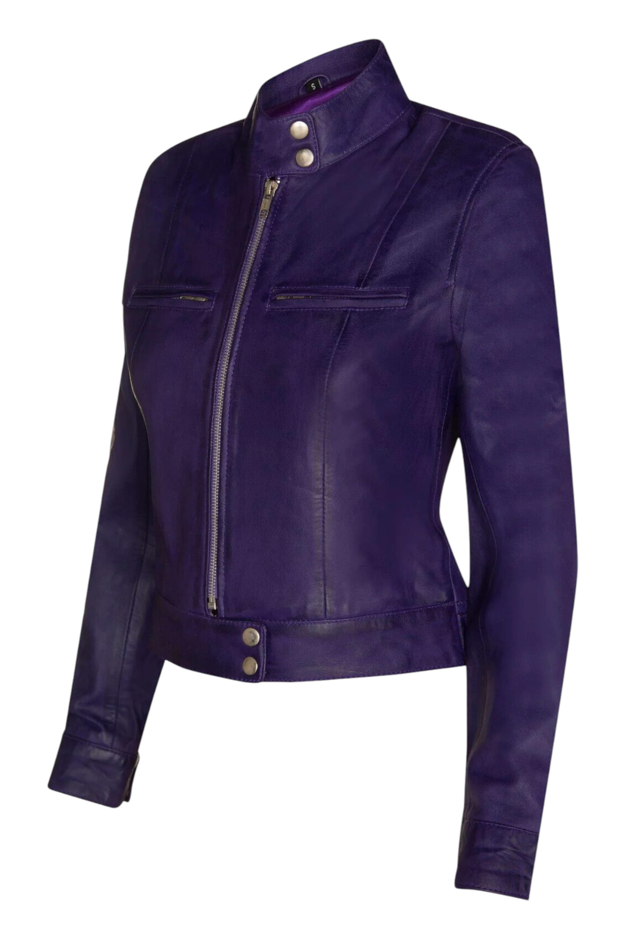 Purple Womens Leather Moto Biker Jacket-Braga, Image 3 of 5