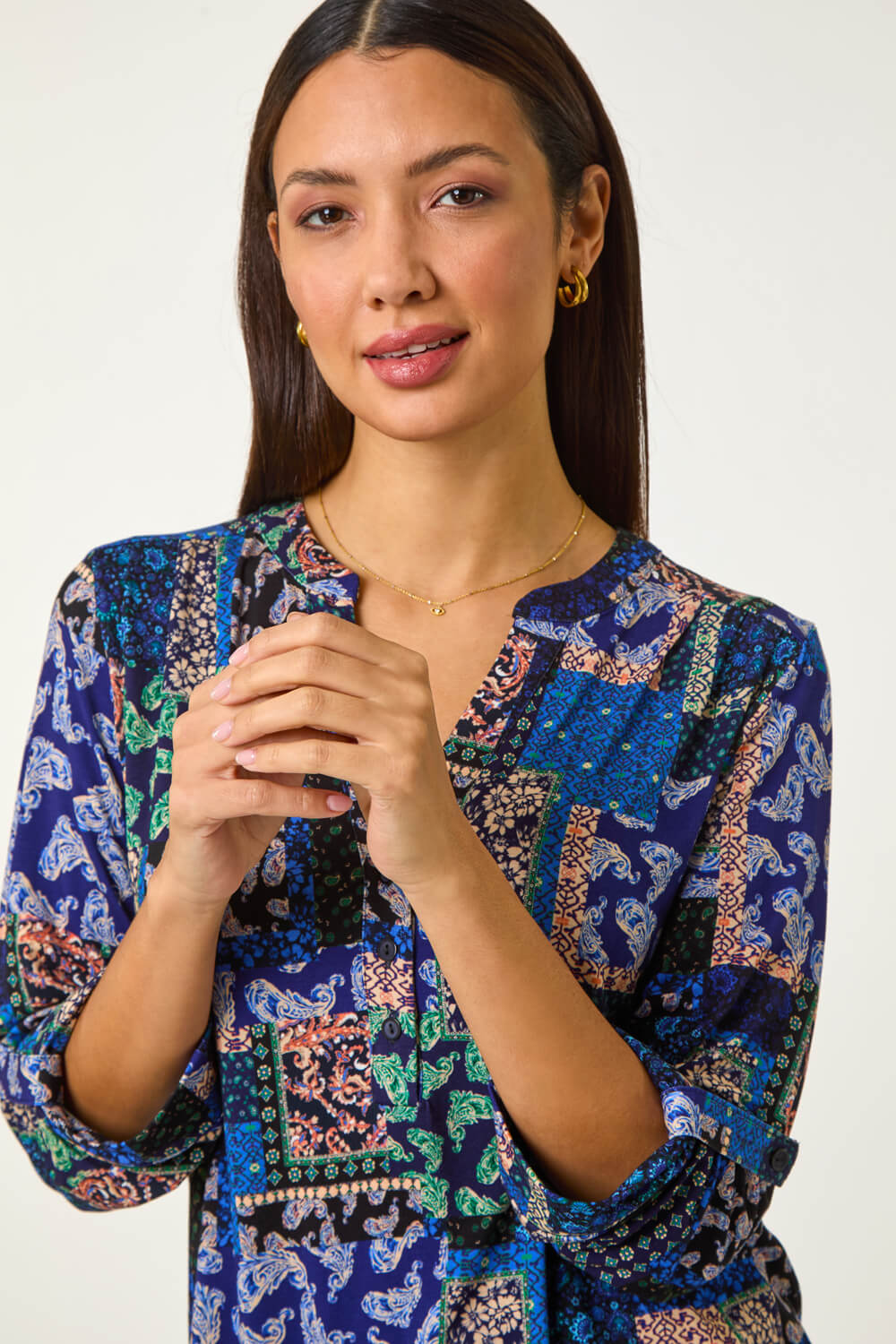 Navy Paisley Contrast Print Stretch Top, Image 5 of 5