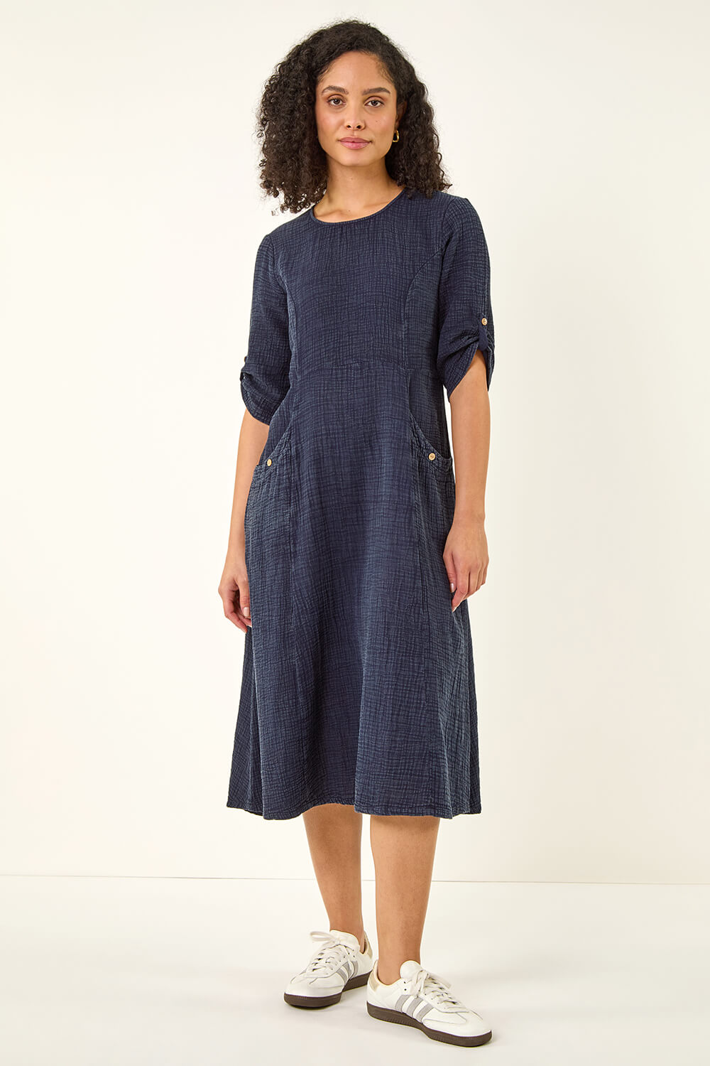 Denim Textured A-Line Midi Dress, Image 4 of 5