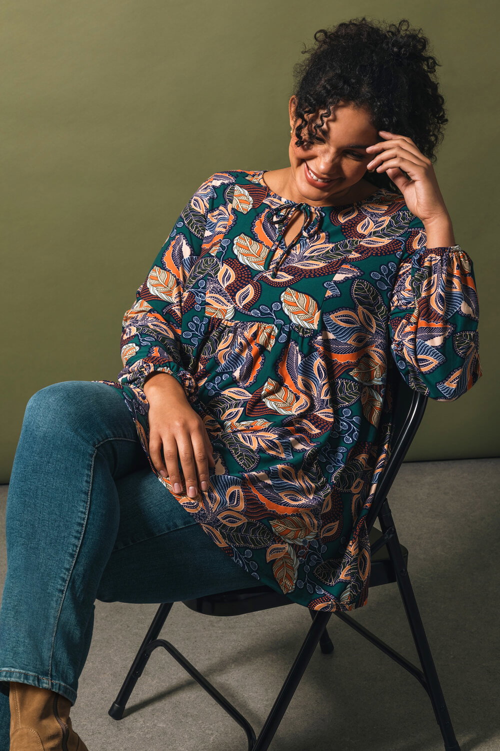 Teal Curve Floral Gathered Tie Front Top, Image 8 of 7