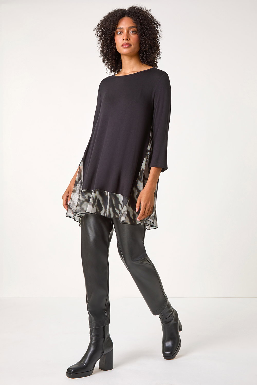 Black Abstract Contrast Mesh Stretch Tunic, Image 3 of 5