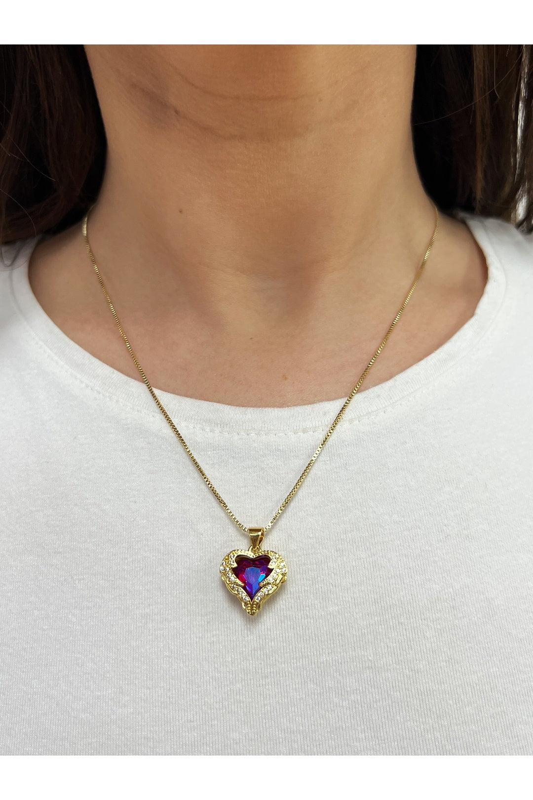 Gold Pink Stone Heart Necklace In a Diamante Setting, Image 1 of 5
