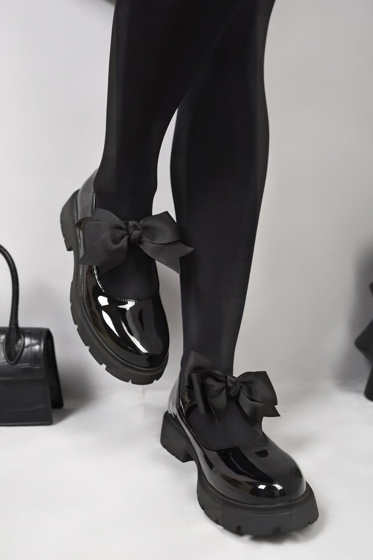 Black Taylee Chunky Sole Patent Ballet Flats With Bow Detail, Image 2 of 4