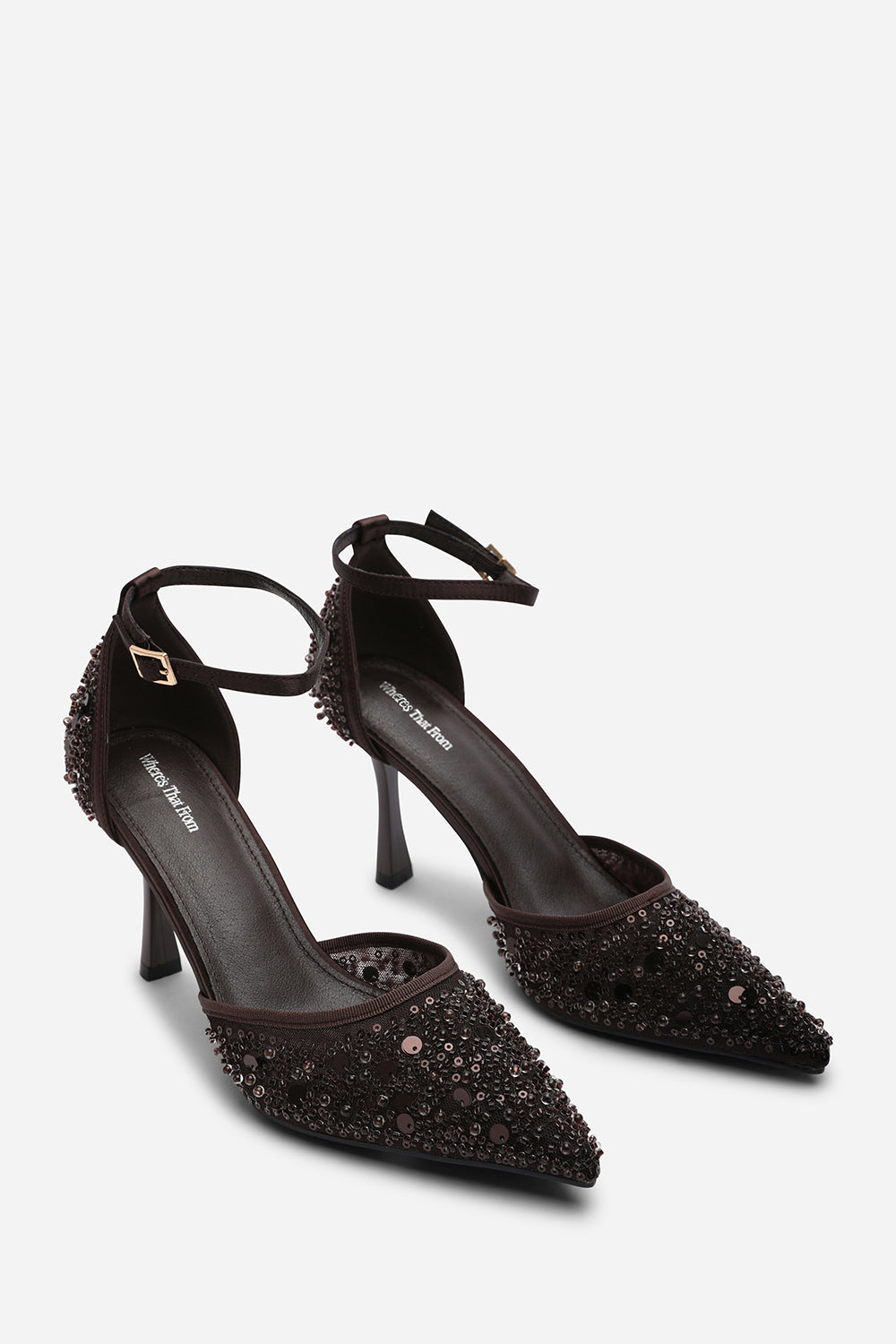 Brown Frances Diamante Mesh Pointed Toe Strap Heels, Image 4 of 6