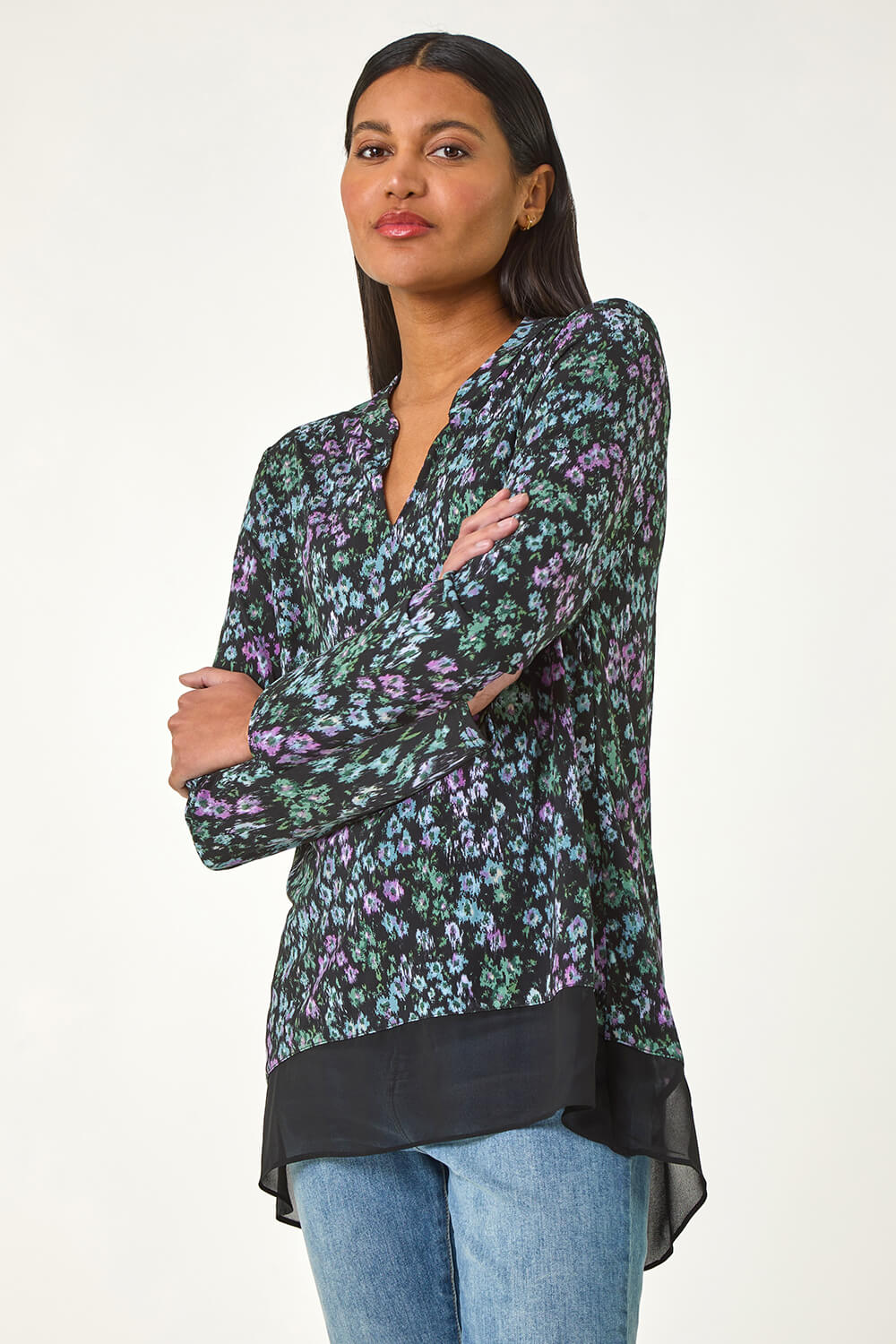 Pre-Order Black Floral Print Boho Ruffle Tunic Top