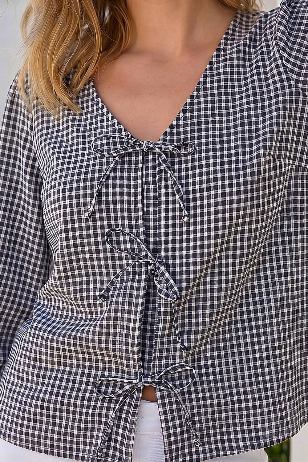 Black Gingham Print Tie Front Woven Top, Image 5 of 4