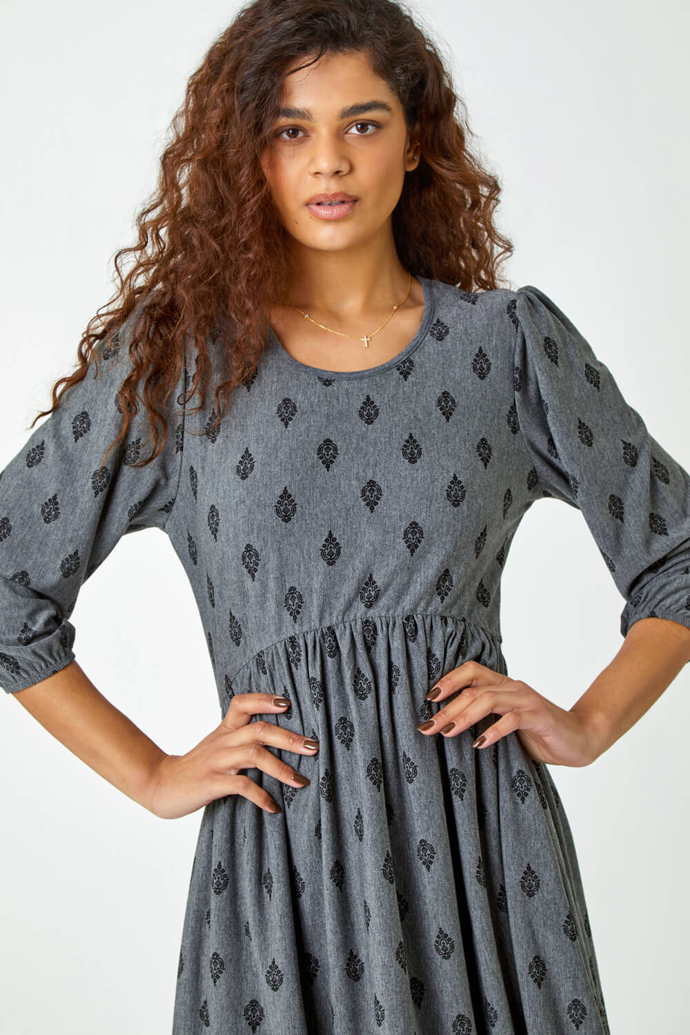 Grey Paisley Border Print Stretch Dress , Image 5 of 5