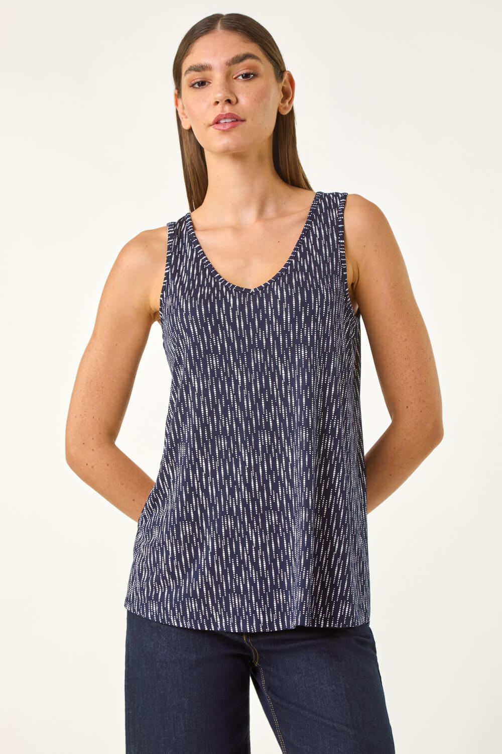 Navy  Abstract Print Cami Stretch Top, Image 5 of 5