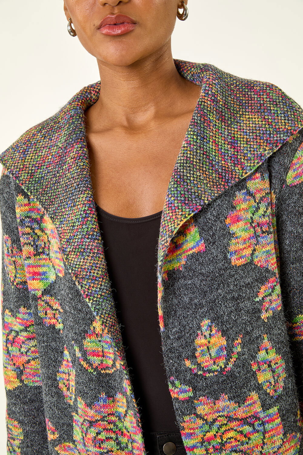Dark Grey Floral Jacquard Knit Cardigan, Image 6 of 5