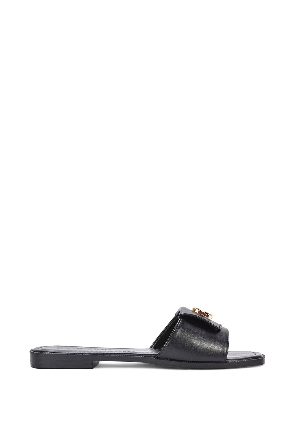 Black XY LONDON Black 'Leigh' Open Toe Foldover Buckle Slip On Flat Slider Mules, Image 1 of 5