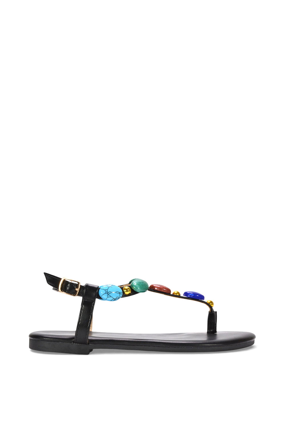 Black XY LONDON Black 'Sylva' Embellished Jewel Stone Flat T-Bar Sandals, Image 1 of 6
