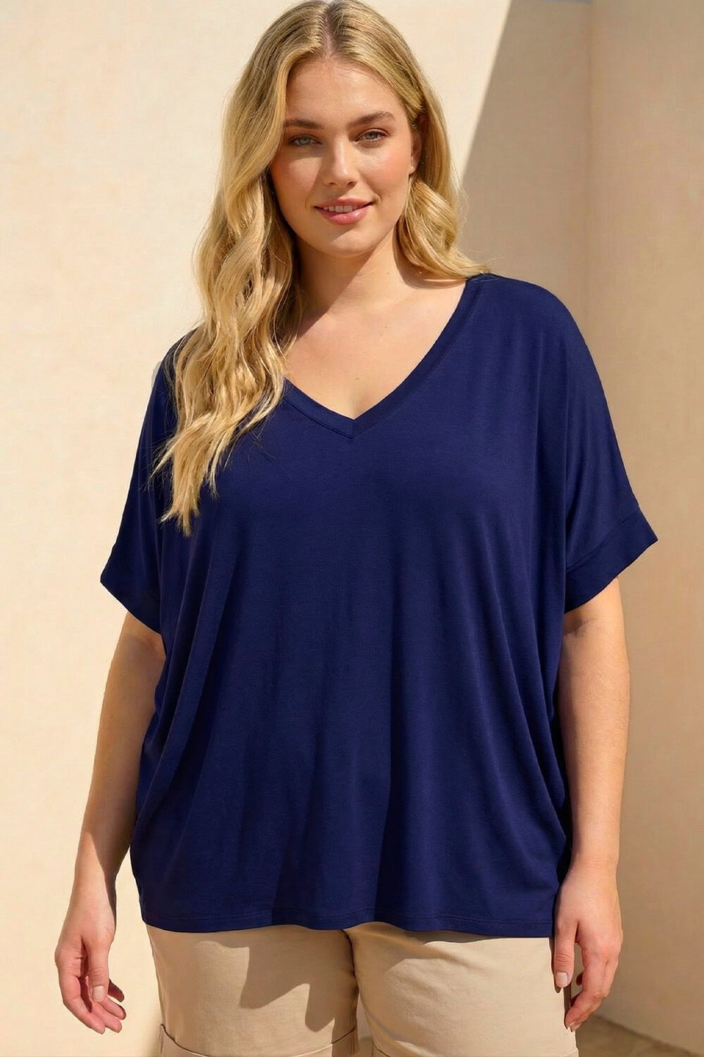 Navy Curve V-Neck Stretch Top, Image 1 of 4