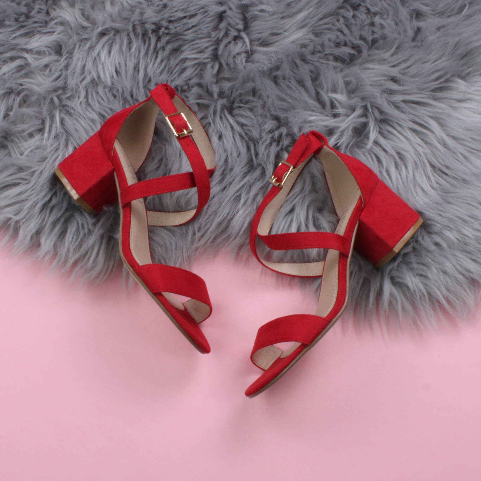 Red AJVANI Red Mid Block Heel Crossed Straps Sandals, Image 4 of 6