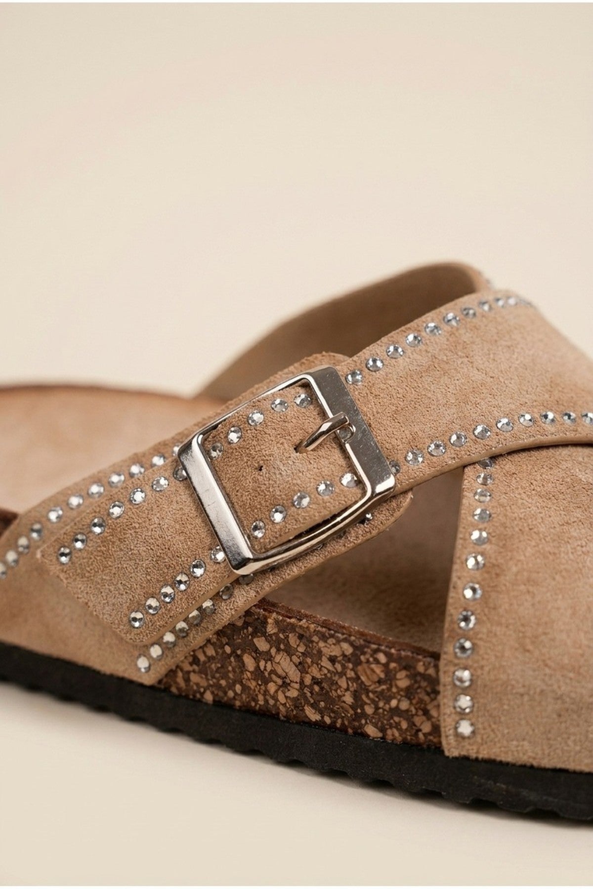 Khaki iKrush Khaki Ruby Womens Studded Criss Cross Slide Sandals, Image 3 of 4