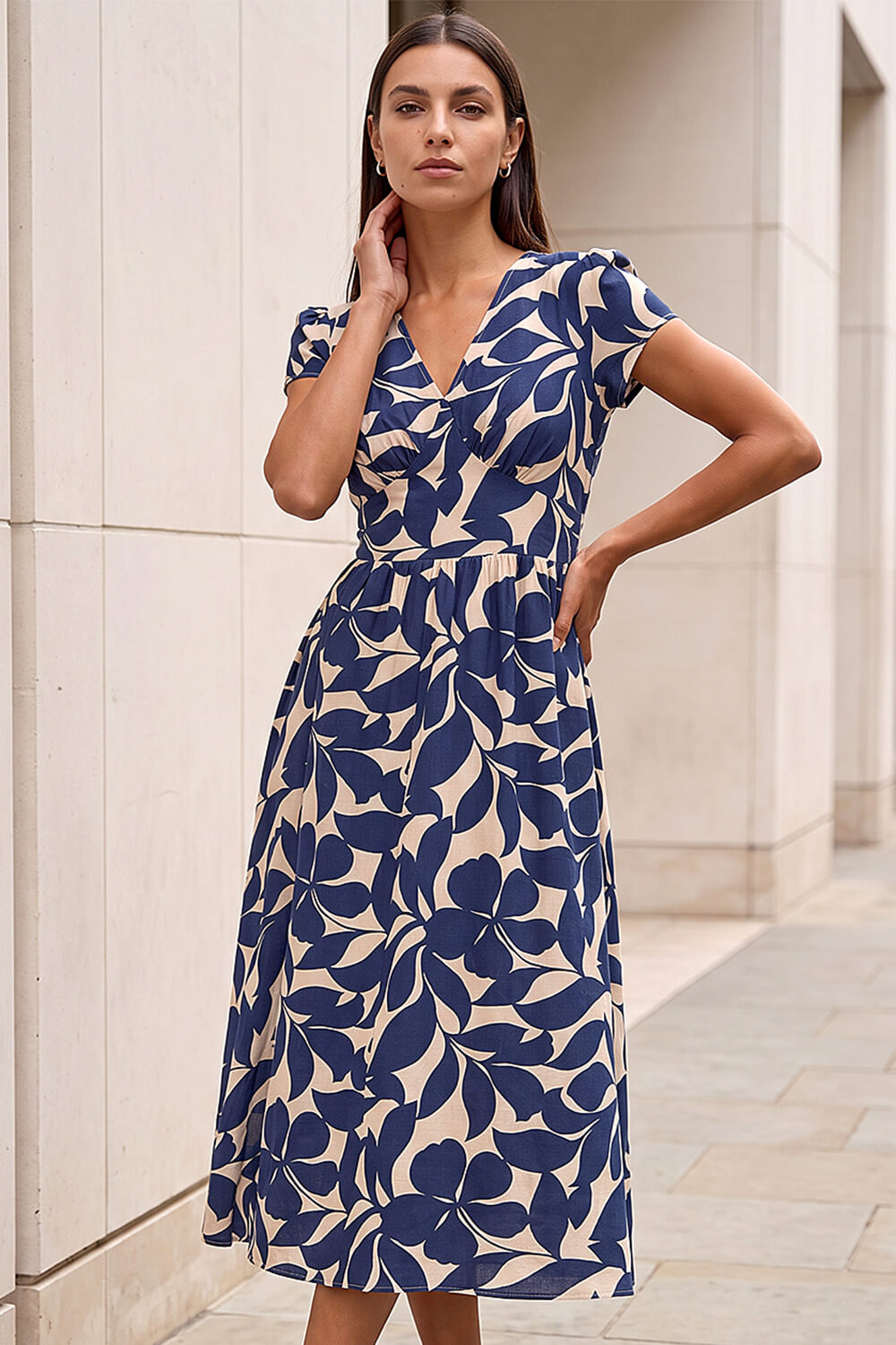 Roman Women's Navy Leaf Print V-Neck Midi Dress Size 16