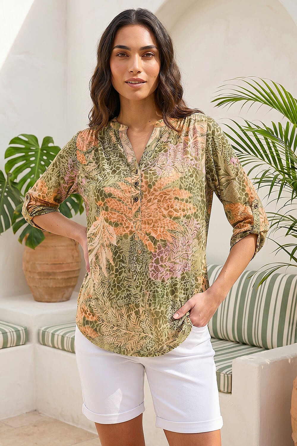 Khaki Leaf Print Burnout Shirt, Image 1 of 4