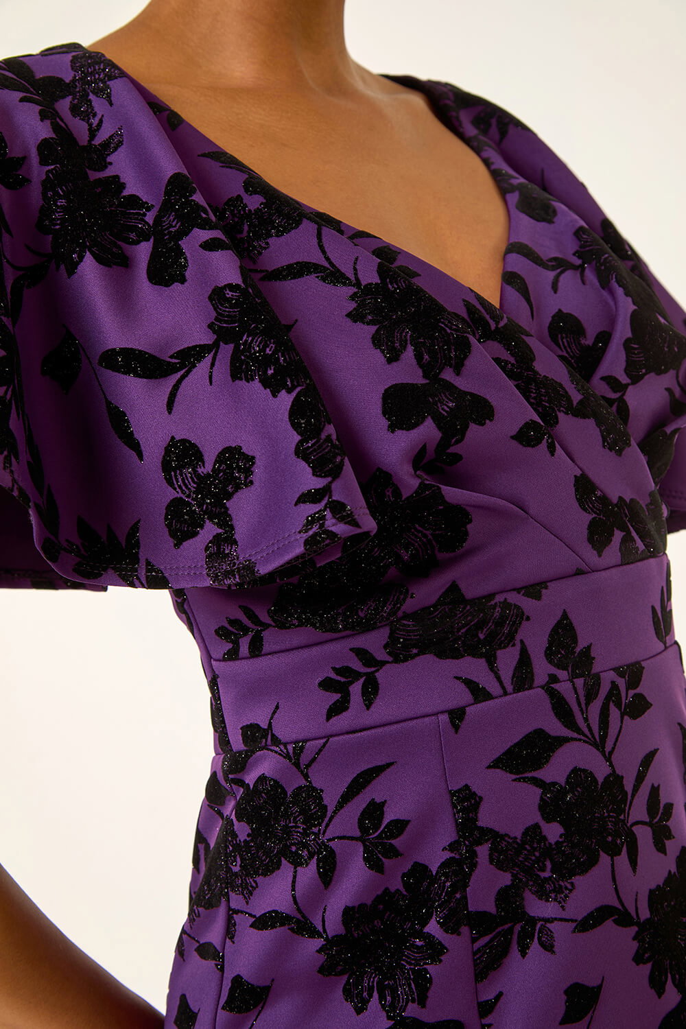 Purple Glitter Floral Flocked Flutter Dress, Image 7 of 6