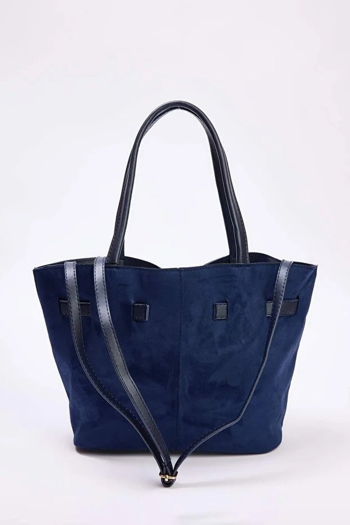 Navy Suede Tote With Soft Handle And Cross-Body Strap, Image 4 of 4