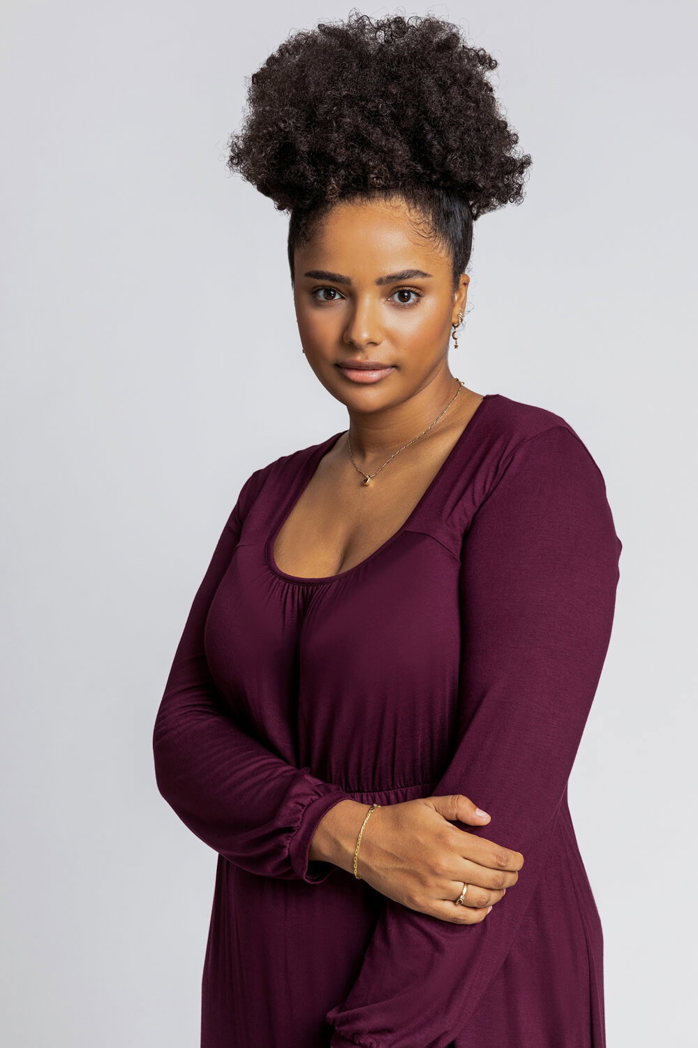 Aubergine Curve Long Sleeve Jersey Midi Dress, Image 5 of 4