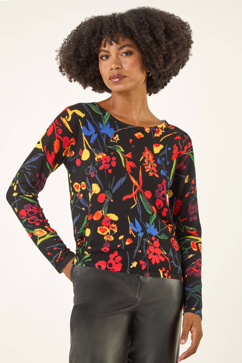 Black Floral Print Soft Knit Jumper, Image 5 of 5