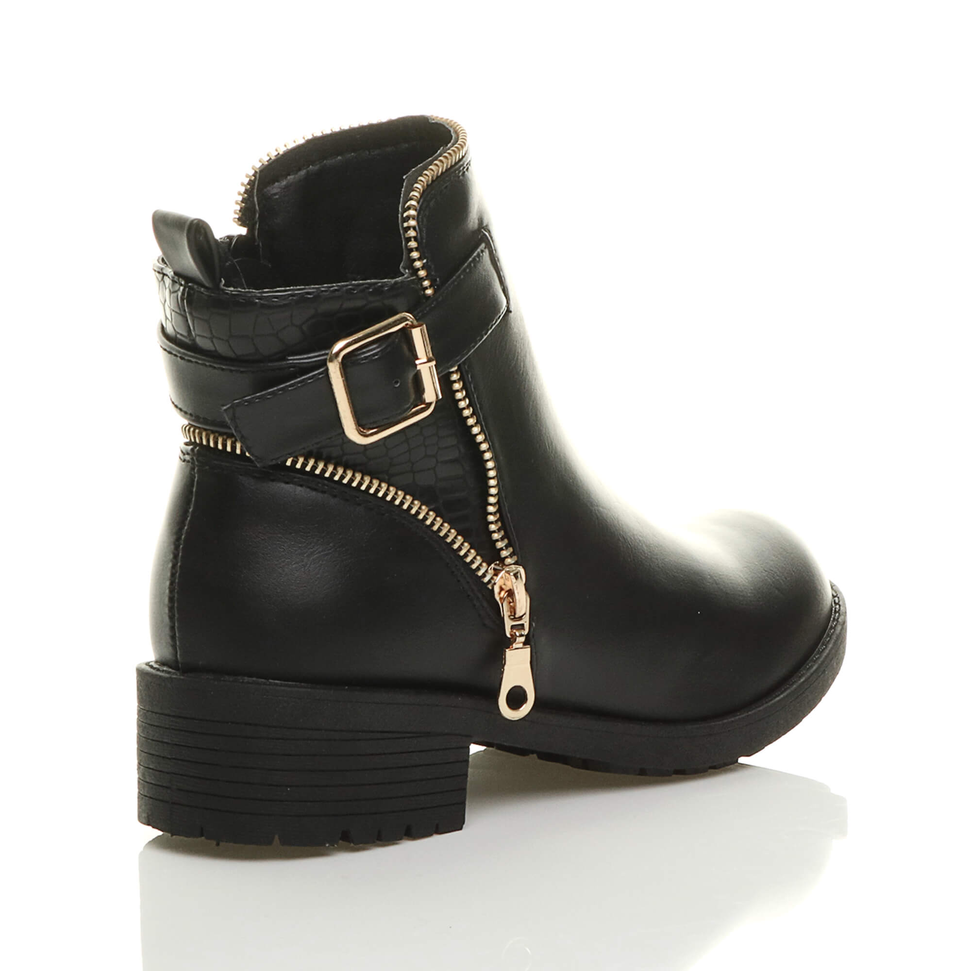 Black Low Heel Gold Zip Ankle Boots, Image 4 of 6